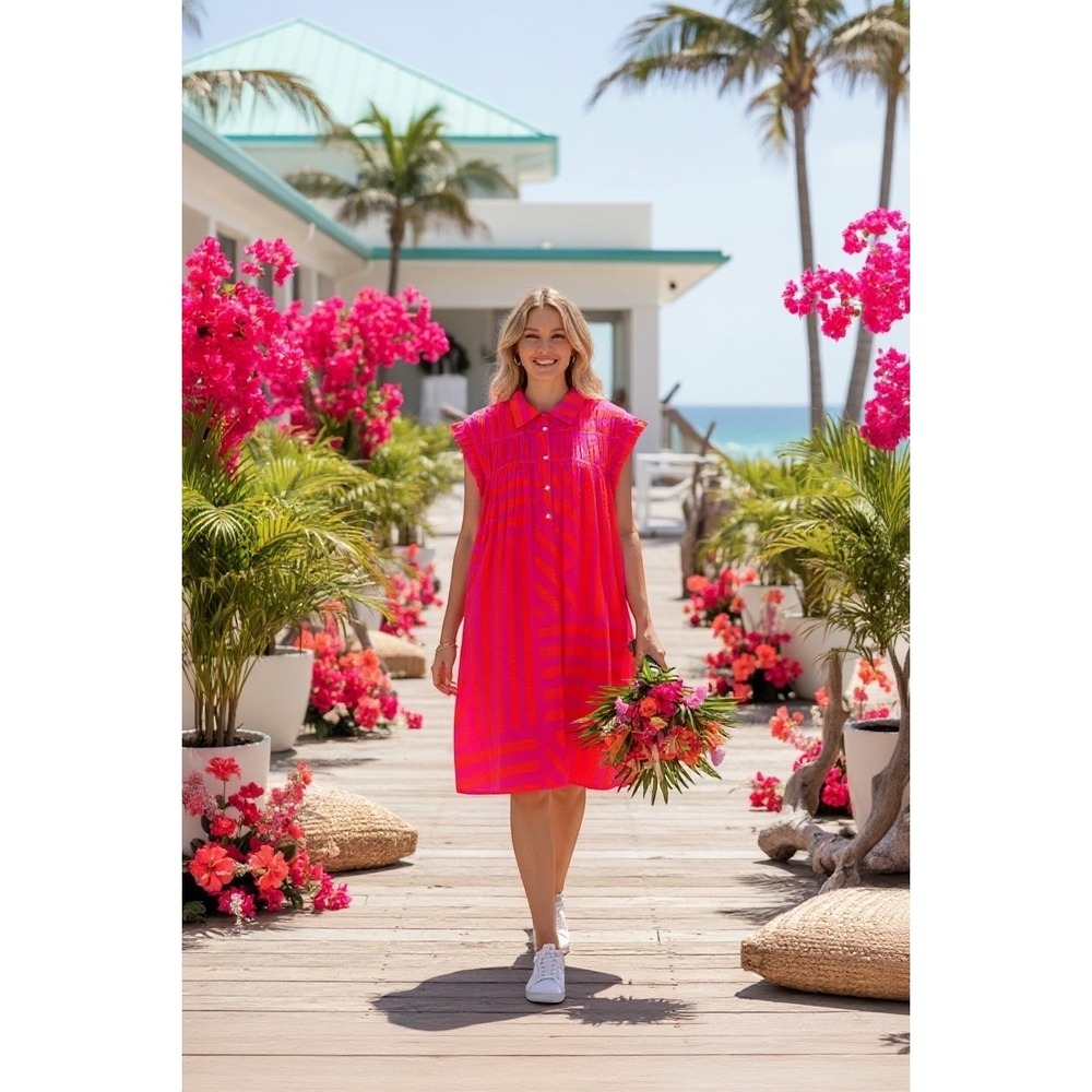 THML Art to Wear Shift Dress XS Neon Pink‎ Orange Coastal Stripe Babydoll